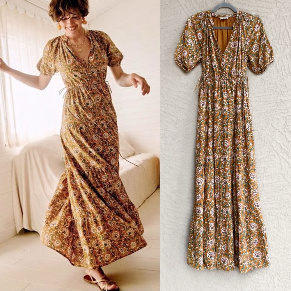 SEZANE Yellow Floral Printed Puff Sleeve Tiered Drawstring Estelle Maxi Dress